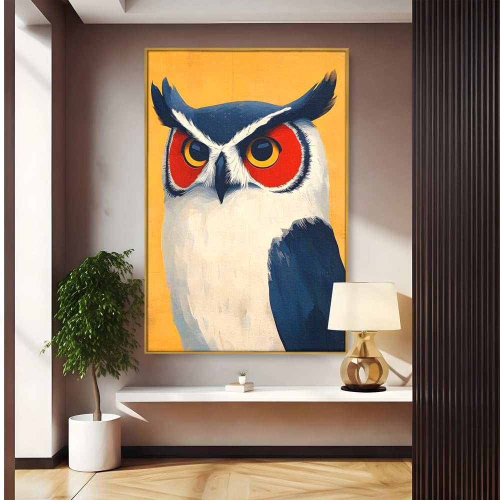 Tablou canvas cu tablou canvas cu bufnita stilizata, in rama de aluminiu auriu